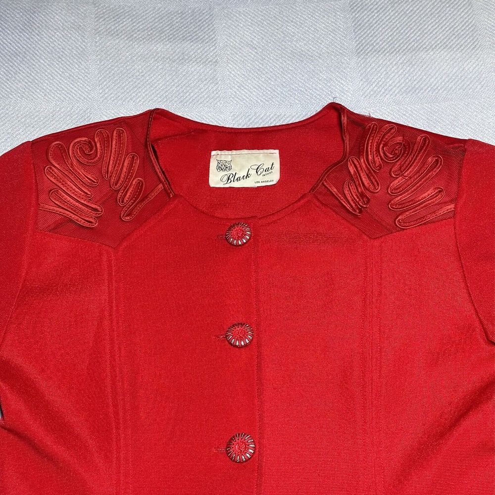 Vintage 1980s Black Cat Fashion Red Mesh Accent Blazer Top Women's Size Medium - Picture 3 of 15